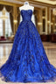 A-Line Sweetheart Neck Tulle Sequin Blue Long Prom Dress, Blue Long Formal Dress