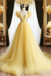 A-Line Sweetheart Neck Tulle Yellow Long Prom Dress, Yellow Long Formal Dress