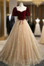 A-line Tulle and Velvet Short Sleeves Party Dress, Sweetheart Long Prom Dress
