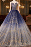 A-Line Tulle Blue Long Prom Dress, Blue Tulle Long Evening Dress