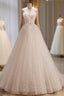 A-Line Tulle Flower Light Champagne Long Prom Dress, Shiny Formal Dress