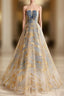 A-Line Tulle Gold/Blue Long Prom Dress, Blue Formal Evening Dress