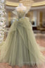 A-Line Tulle Green Long Prom Dress, Green Tulle Long Sweet 16 Dress