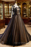A-Line Tulle Lace Black Long Prom Dress, Black Formal Evening Dress