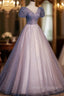 A-Line Tulle Long Prom Dress with Beaded, Blue Short Sleeve Evening Dress