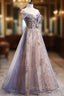 A-Line Tulle Long Prom Dress with Sequins, Cute Scoop Neckline Evening Dress