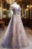 A-Line Tulle Long Prom Dress with Sequins, Cute Scoop Neckline Evening Dress