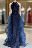 A-Line Tulle Sequin Dark Blue Long Prom Dress, Dark Blue Long Formal Dress