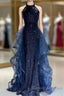 A-Line Tulle Sequin Dark Blue Long Prom Dress, Dark Blue Long Formal Dress