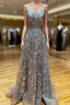 A-Line Tulle Sequins Long Prom Dress, V-Neck Backless Evening Dress