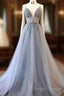 A Line Tulle Spaghetti Straps V Neck Appliques Long Prom Dress Beautiful