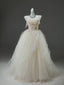 A-Line Tulle Sweep Train Champagne Long Prom Dress With Applique