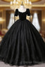 A-Line Tulle Velvet Sequin Black Long Prom Dress, Black Long Evening Dress