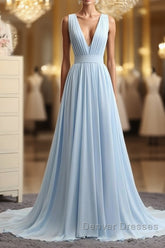 A Line V Neck and V Back Sky Blue Chiffon Long Prom Dress, V Neck Blue Formal Dress, Blue Evening Dress