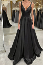 A Line V Neck Backless Black Long Prom Dress, V Neck Black Formal Dress, Backless Black Evening Dress