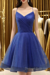 A Line V Neck Backless Blue Tulle Prom Dress, Backless Blue Homecoming Dress, Short Blue Formal Evening Dress