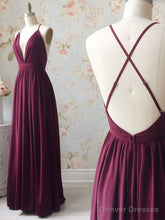 A Line V Neck Backless Burgundy Prom Dresses, V Neck Backless Burgundy Formal Bridesmaid Dresses