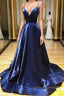 A Line V Neck Backless Navy Blue Prom Dress, Open Back Navy Blue Formal Evening Dress