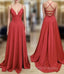 A Line V Neck Backless Red Long Prom, Backless Red Fromal, Red Evening