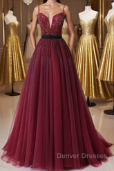 A Line V Neck Beaded Burgundy Tulle Long Prom Dress, Beaded Burgundy Formal Graduation Evening Dress