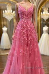 A Line V Neck Beaded Hot Pink Lace Long Prom Dress, Hot Pink Lace Formal Graduation Evening Dress