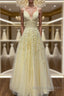 A Line V Neck Beaded Yellow Lace Tulle Long Prom Dress, Yellow Lace Formal Dress, Beaded Yellow Evening Dress