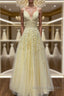 A Line V Neck Beaded Yellow Lace Tulle Long Prom Dress, Yellow Lace Formal Dress, Beaded Yellow Evening Dress