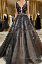 A Line V Neck Black Lace Prom Dress, Black Lace Formal Evening Dress