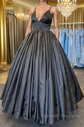 A Line V Neck Black Satin Long Prom Dress with Pocket, V Neck Black Formal Graduation Evening Dress