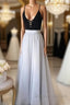 A Line V Neck Black Top Gray Prom Dress, Gray Formal Dress, V Neck Black Top Gray Evening Dress, Graduation Dress