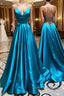 A Line V Neck Blue Backless Long Prom Dress, Open Back Blue Long Formal Evening Dress