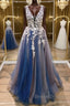 A Line V Neck Blue Lace Long Prom Dress, Long Blue Formal Evening Dress