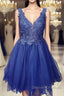 A Line V Neck Blue Lace Short Prom Dress, Blue Lace Homecoming Dress, Short Blue Formal Evening Dress