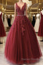 A Line V Neck Burgundy Lace Prom Dress, Burgundy Lace Formal Dress, Burgundy Evening Dress