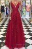 A Line V Neck Burgundy Lace Prom Dress, Wine Burgundy Lace Formal Evening Dress