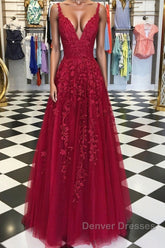 A Line V Neck Burgundy Lace Prom Dress, Wine Burgundy Lace Formal Evening Dress