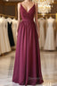 A Line V Neck Burgundy Long Prom Dress with Lace Back, V Neck Burgundy Formal Evening Dress, Burgundy Bridesmaid Dress
