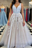 A Line V Neck Champagne Lace Prom Dress, Champagne Lace Formal Evening Dress