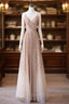 A Line V Neck Champagne Long Prom Dress, Shiny Tulle Champagne Evening Dress