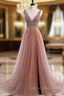A Line V Neck Dark Pink Beaded Long Prom Dress, V Neck Pink Long Formal Graduation Dress