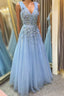A Line V Neck Floral Light Blue Lace Long Prom Dress, Light Blue Lace Formal Graduation Evening Dress
