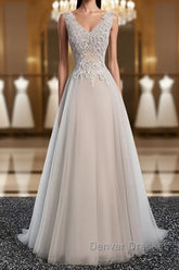 A Line V Neck Gray Floral Long Prom Dress, V Neck Gray Long Floral Formal Bridesmaid Dress