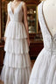 A Line V Neck Gray Lace Prom Dress, V Neck Gray Lace Formal Graduation Bridesmaid Dress