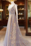 A-Line V Neck Gray Long Prom Dress, Tulle Sequin Lace Long Forma Dress