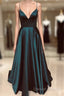 A Line V Neck Green/Blue Backless Long Prom Dress, V Neck Backless Green/Blue Formal Graduation Evening Dress