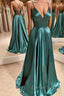 A Line V Neck Green Satin Long Prom Dress, Backless Green Long Formal Evening Dress