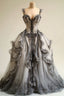 A-Line V-Neck Lace Tulle Long Ball Gown, Vintage Formal Dress