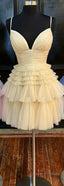 A-Line V-Neck Multi-Tiered Short Party Dress,Light Pink Cocktail Dress Short