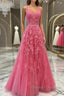 A Line V Neck Open Back Beaded Hot Pink Lace Long Prom Dress, Hot Pink Lace Formal Graduation Evening Dress