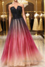 A Line V Neck Open Back Ombre Long Prom Dress, Backless Ombre Formal Graduation Evening Dress